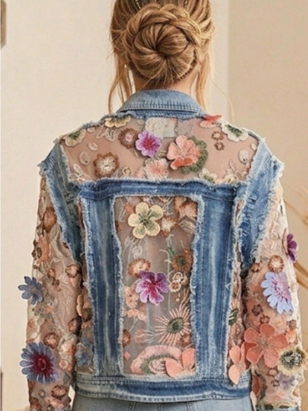 Vervet Sheer Floral Embroidered Denim Jacket - Blue